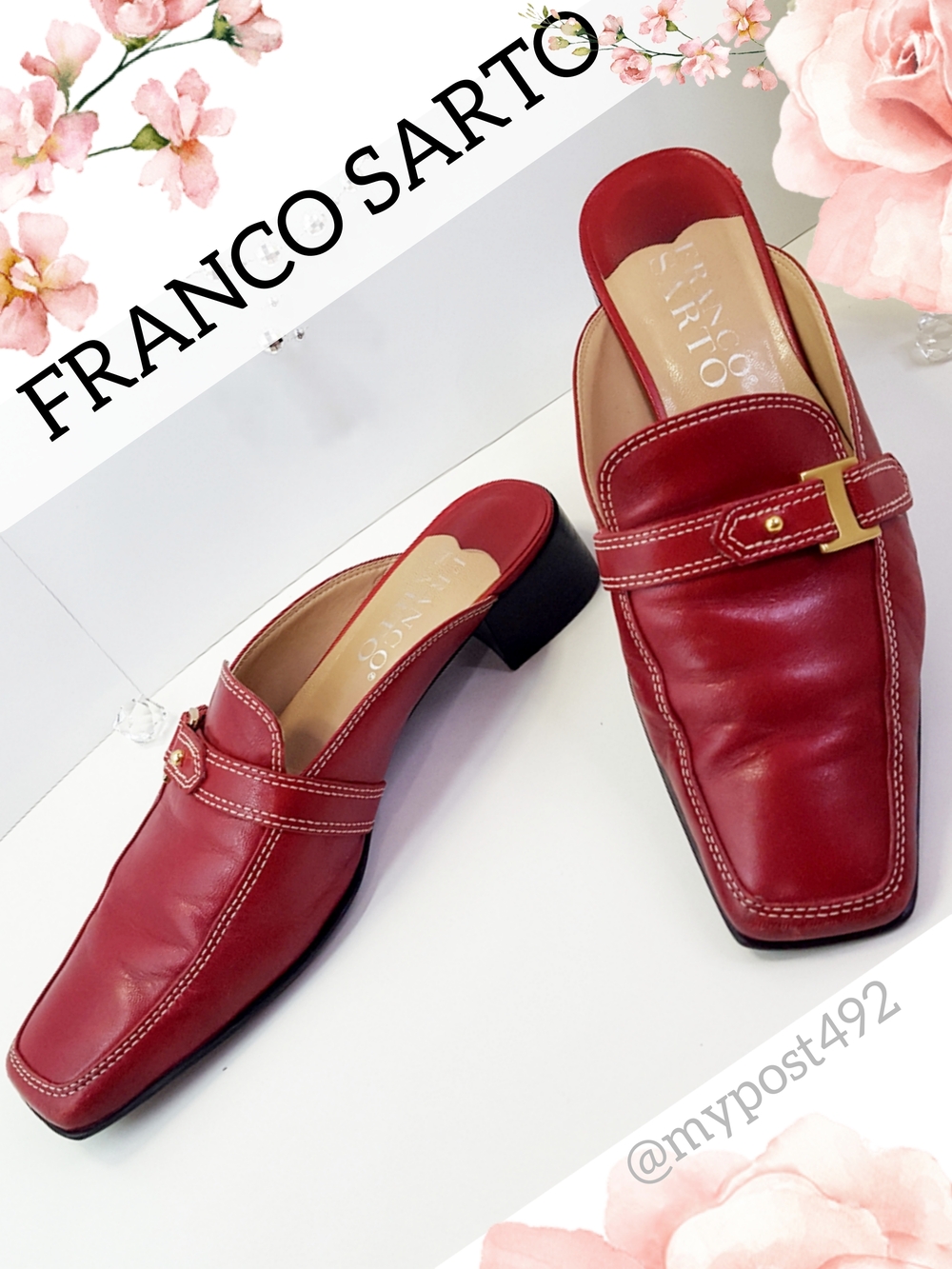 Franco Sarto🍉Red Leather Slip-On Square Toe Mule Loafers|Block Heel